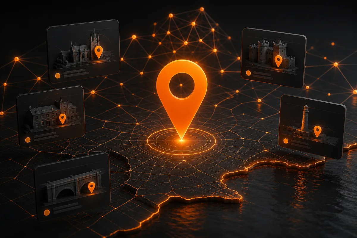 Kent map with a glowing AI map pin and neural network connecting local landmarks