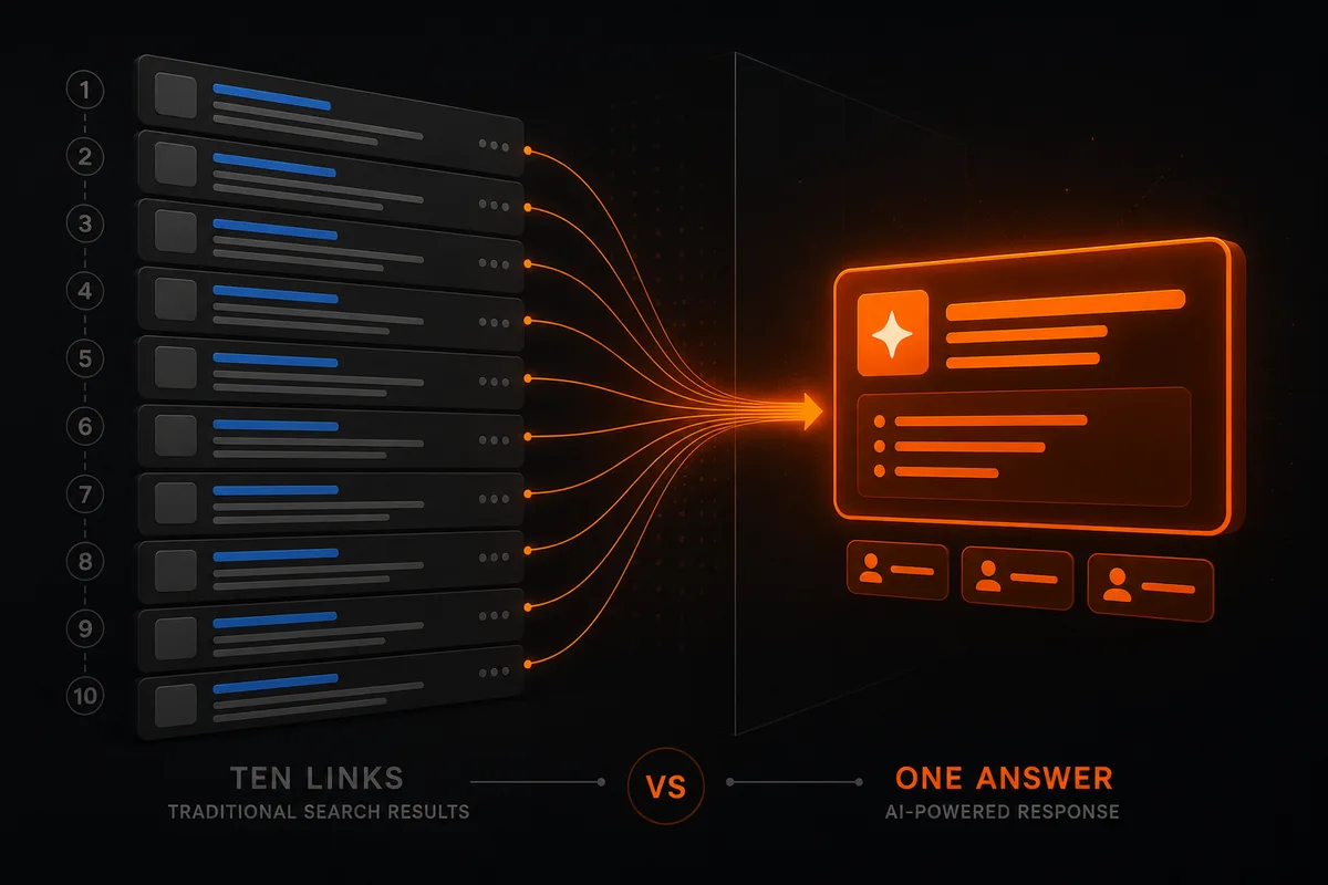 Traditional search with ten blue links versus one AI-powered answer