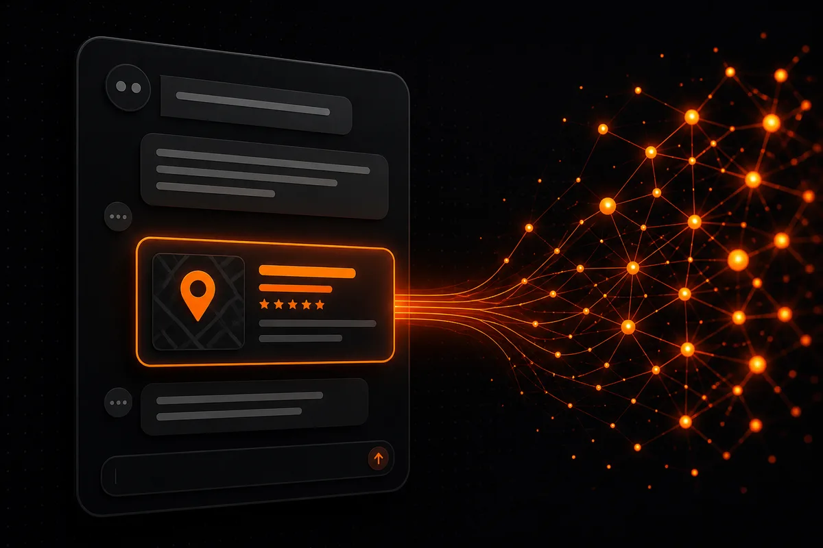 AI chat recommending a local business with a glowing map pin and star rating