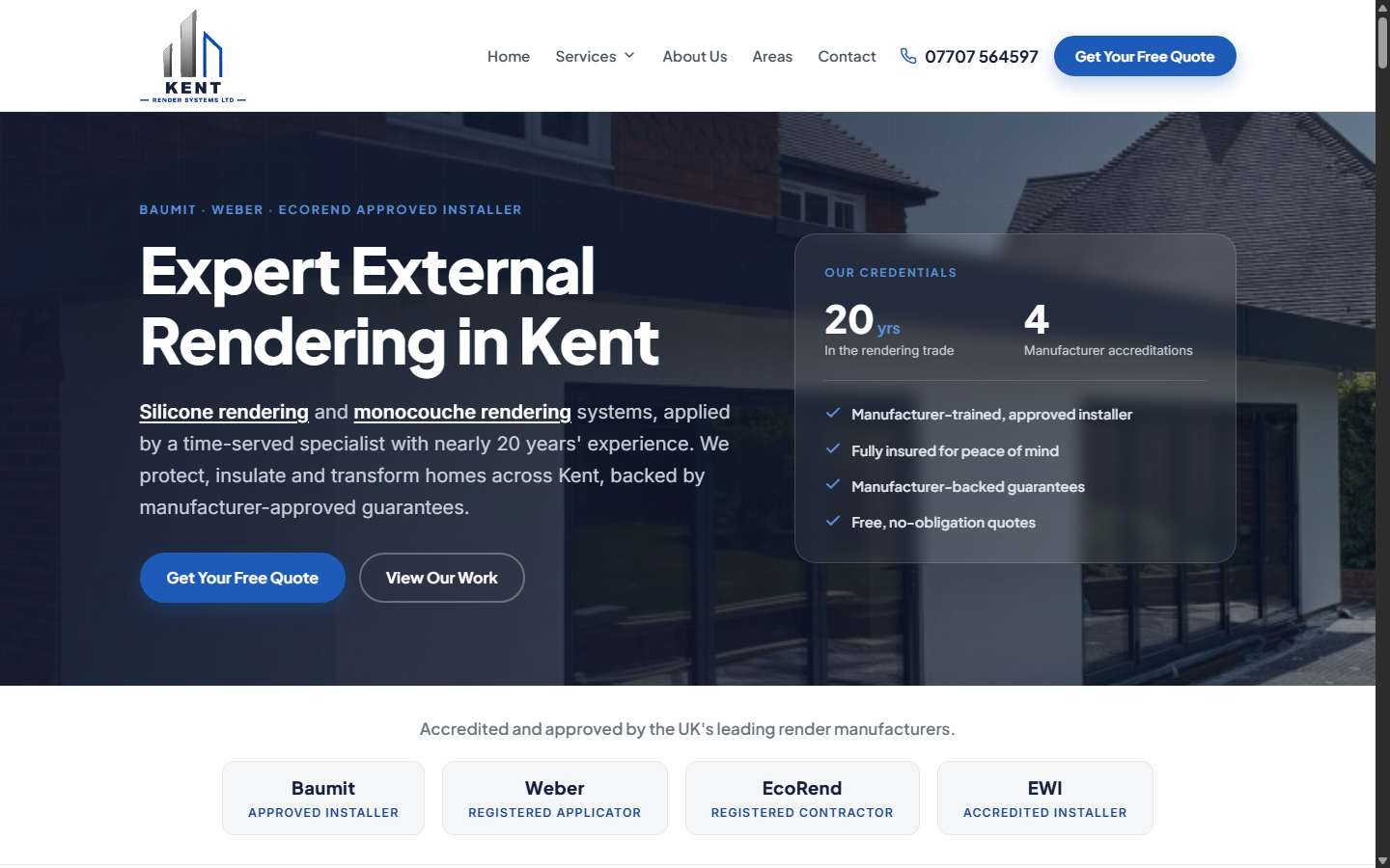 Homepage of Kent Render Systems, specialist external rendering website