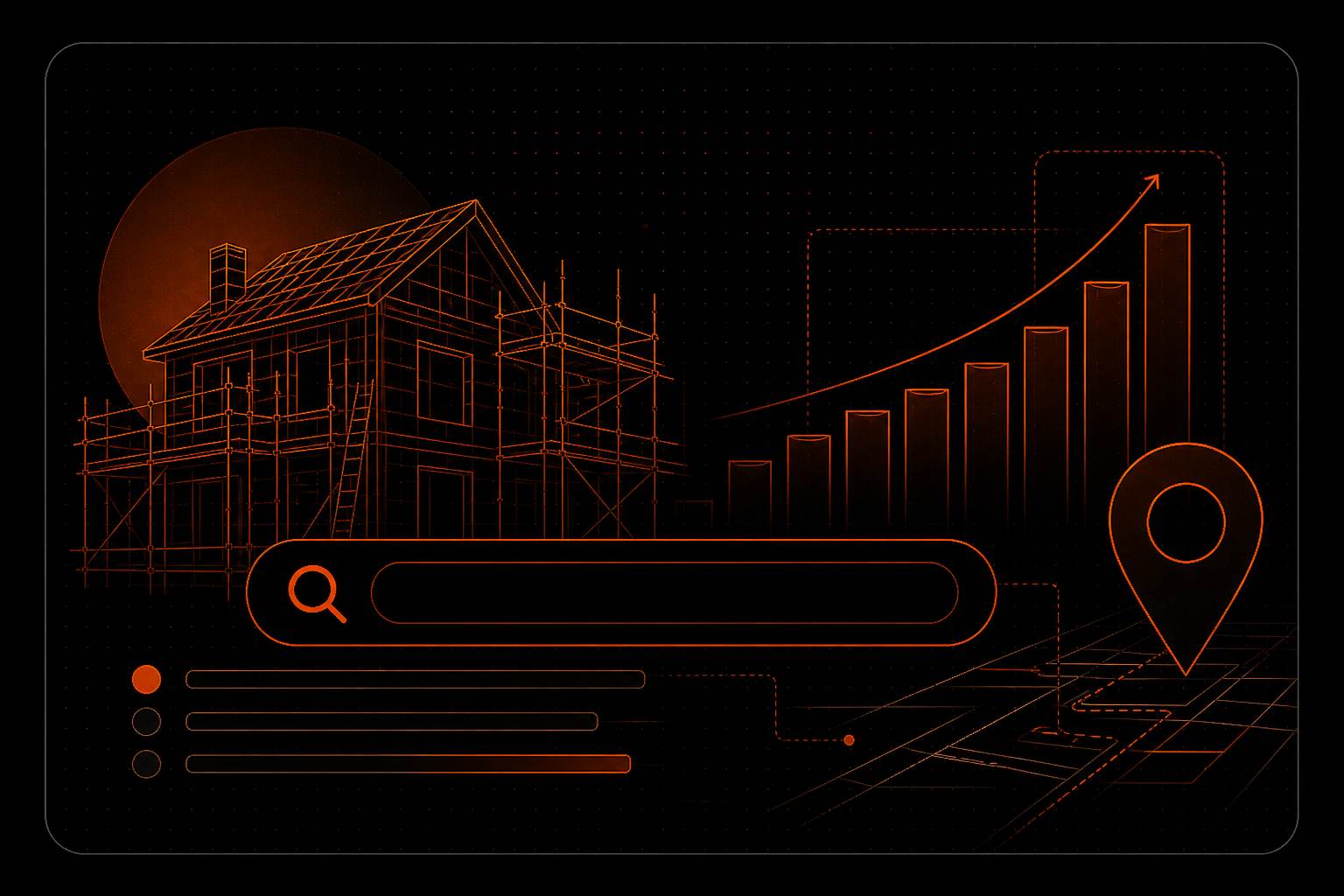 SEO for builders graphic showing search, local rankings and growth