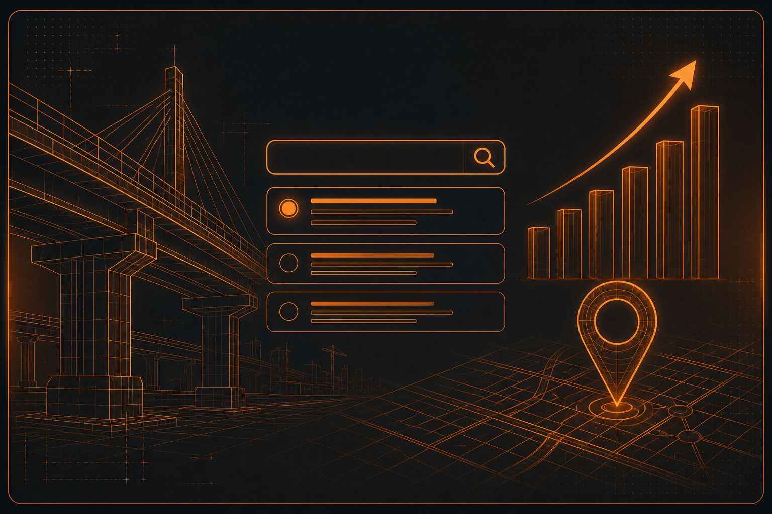SEO for civil engineering companies graphic showing search, local rankings and growth