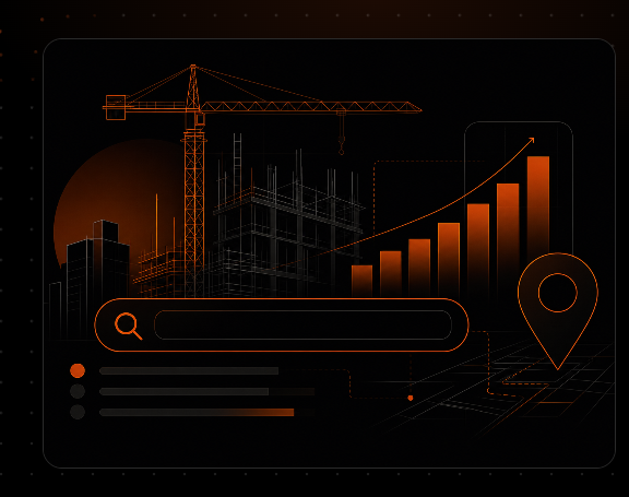 SEO for construction companies graphic showing search, local rankings and growth