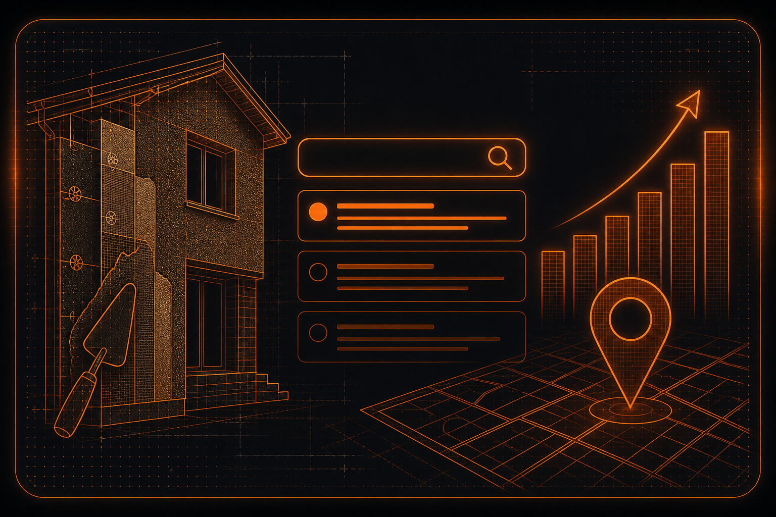 SEO for rendering companies graphic showing search, local rankings and growth