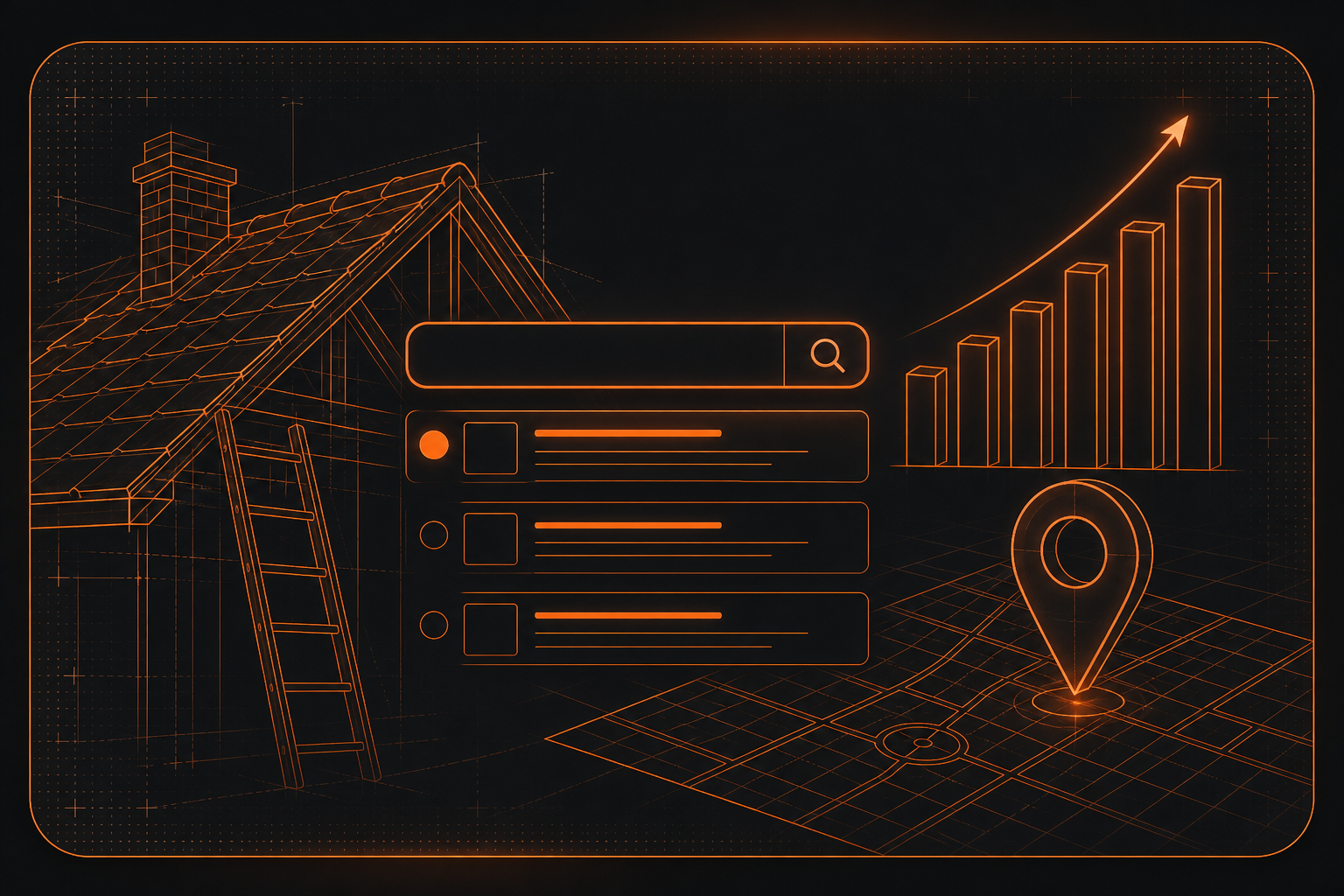 SEO for roofers graphic showing search, local rankings and growth